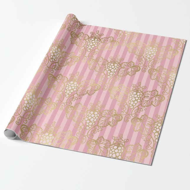 Pink and Gold Paris Foil Wine themed Wrapping Paper (Unrolled)