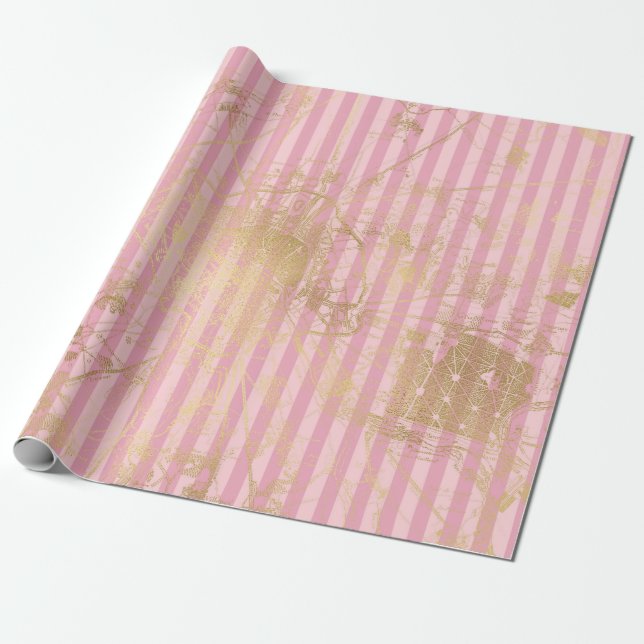 Pink and Gold Paris Foil Wrapping Paper (Unrolled)