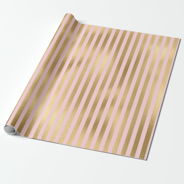 Pink and Gold Paris Shimmer Foil Stripes Pattern Wrapping Paper (Unrolled)