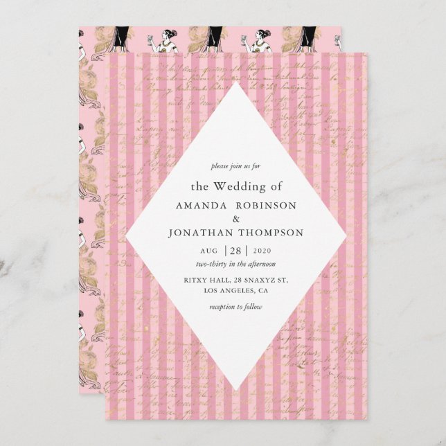 Pink and Gold Paris Themed Calligraphy Wedding Invitation (Front/Back)