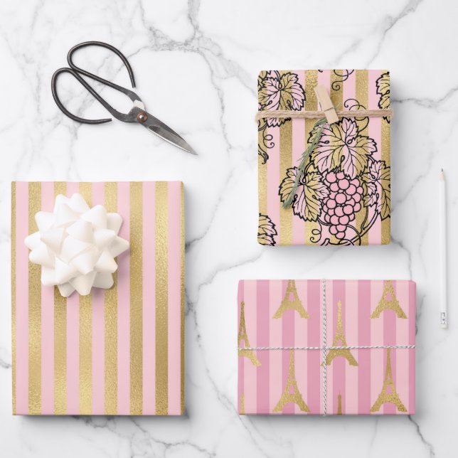 Pink and Gold Paris themed Wrapping Paper Sheets (Front)
