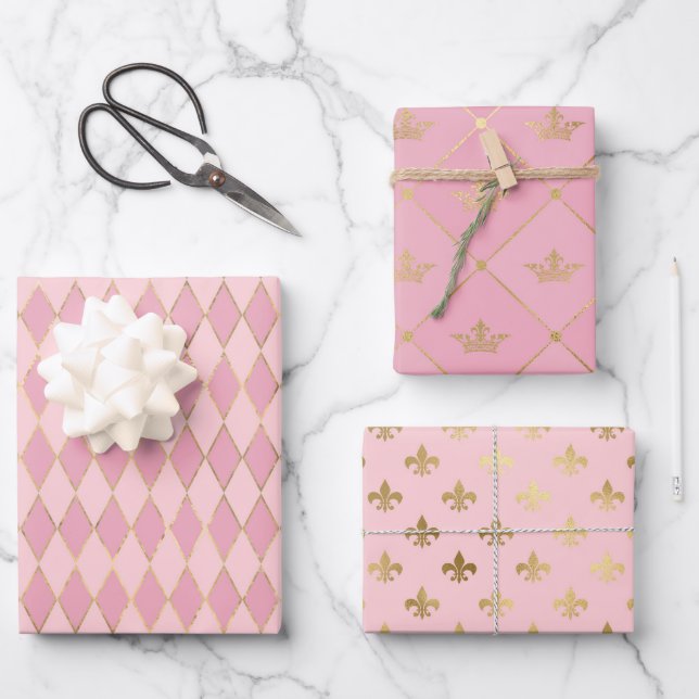 Pink and Gold Paris themed Wrapping Paper Sheets (Front)
