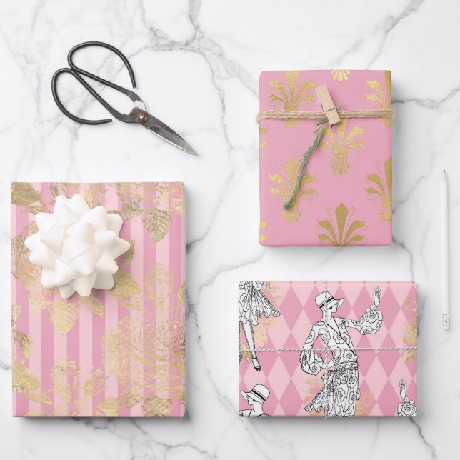Pink and Gold Paris themed Wrapping Paper Sheets (Front)