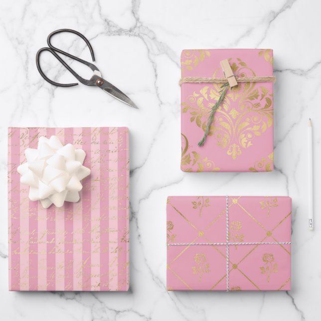 Pink and Gold Paris themed Wrapping Paper Sheets (Front)