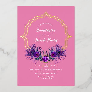 Pink and Gold Peacock Floral Quinceañera Foil Invi Invitation