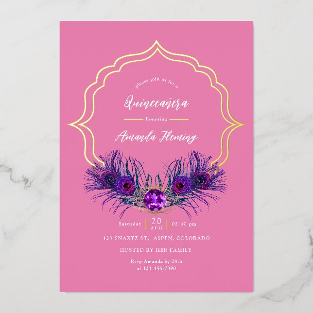 Pink and Gold Peacock Floral Quinceañera Foil Invi Invitation (Front)