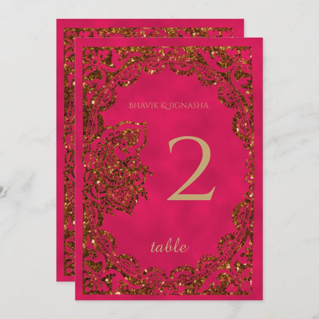 Pink and Gold Peacock Indian Table Number (Front/Back)