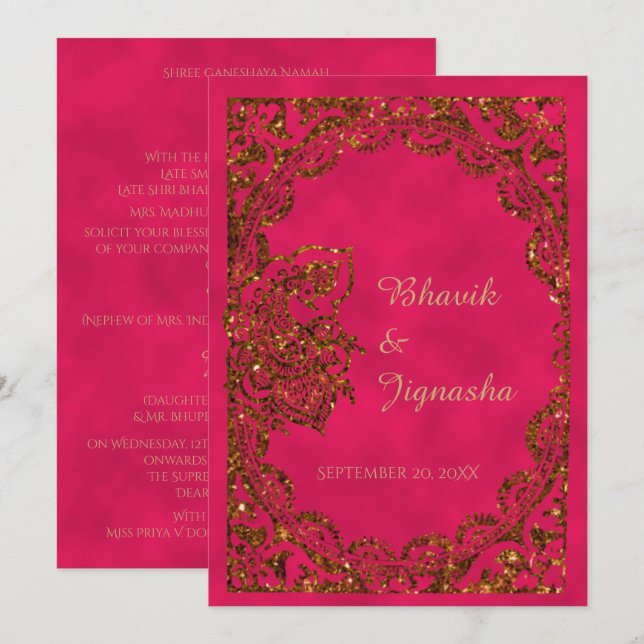 Pink and Gold Peacock Indian Wedding Invitation (Front/Back)