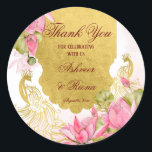 Pink and gold peacock lotus Indian wedding  Classic Round Sticker<br><div class="desc">Pink and gold peacock pink lotus Indian wedding personalized thank you favor stickers.</div>