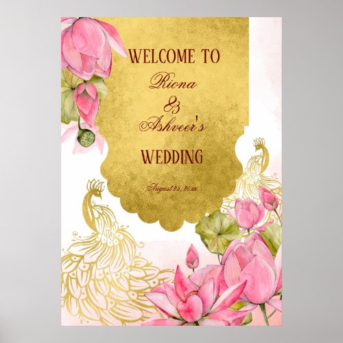 Pink and gold peacock lotus Indian welcome sign