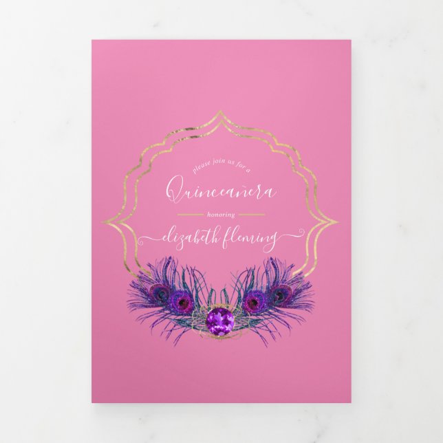 Pink and Gold Peacock Quinceañera  Tri-Fold Invitation (Cover)