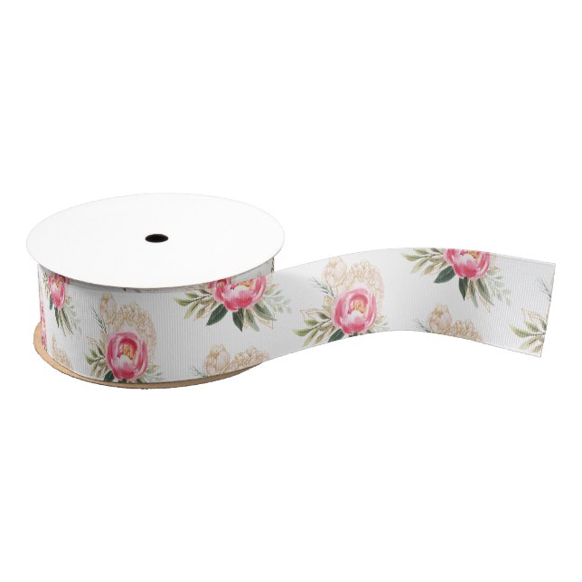 Pink and Gold Peonies Custom Color Print Ribbon (Spool)