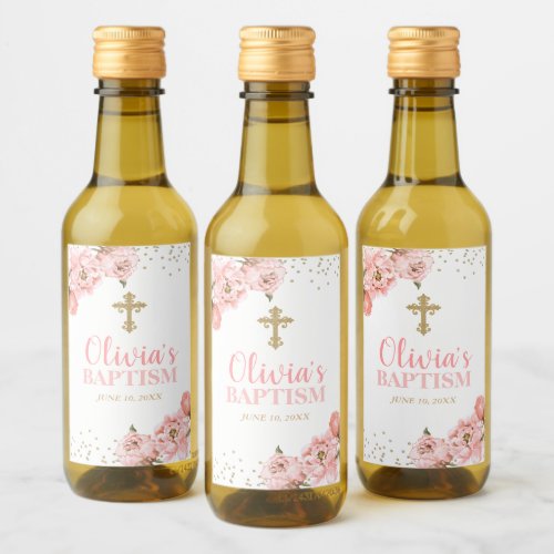 Pink and Gold Peony Floral Baptism Mini Wine Label