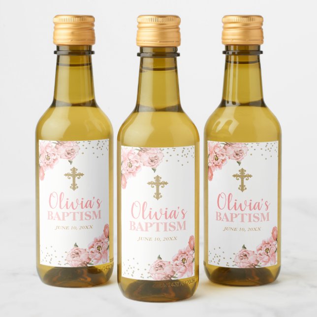 Pink and Gold Peony Floral Baptism Mini Wine Label (Bottles)
