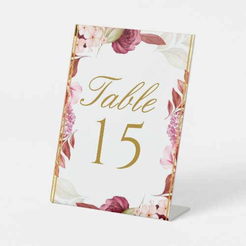 Pink and Gold Peony Typograph Wedding Table Number Pedestal Sign