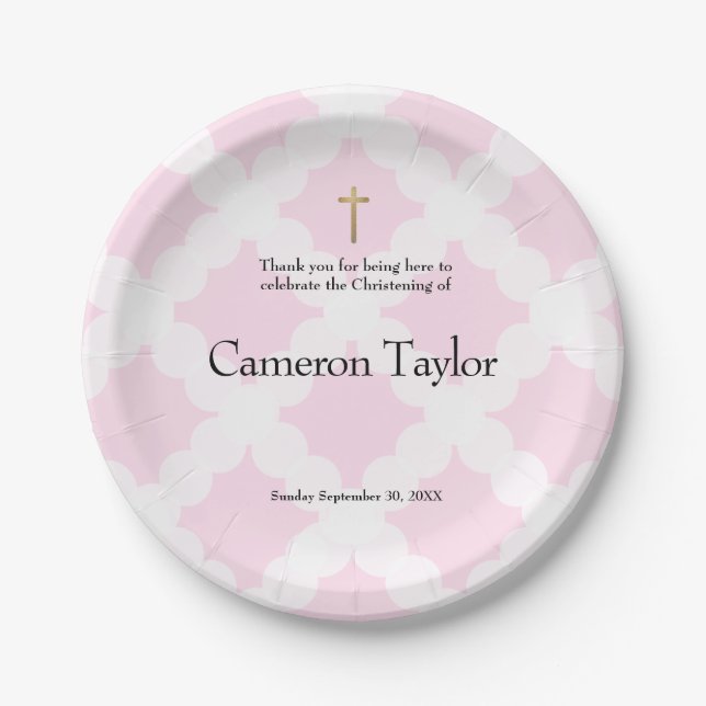 Pink and Gold Personalized Baby Christening Paper Plates (Front)