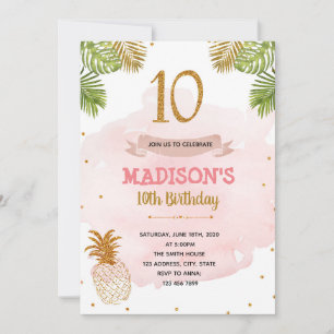 Pink and gold pineapple 10th birthday party invitation