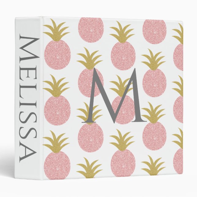 Pink and Gold Pineapple Monogrammed 3 Ring Binder (Front/Spine)