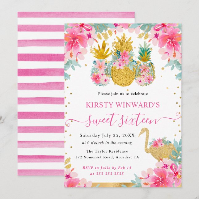 Pink and Gold Pineapples and Flamingo Sweet 16 Invitation (Front/Back)