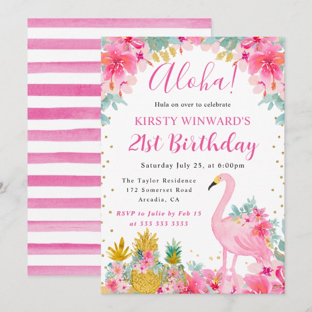 Pink and Gold Pineapples & Flamingo 21st Birthday Invitation (Front/Back)