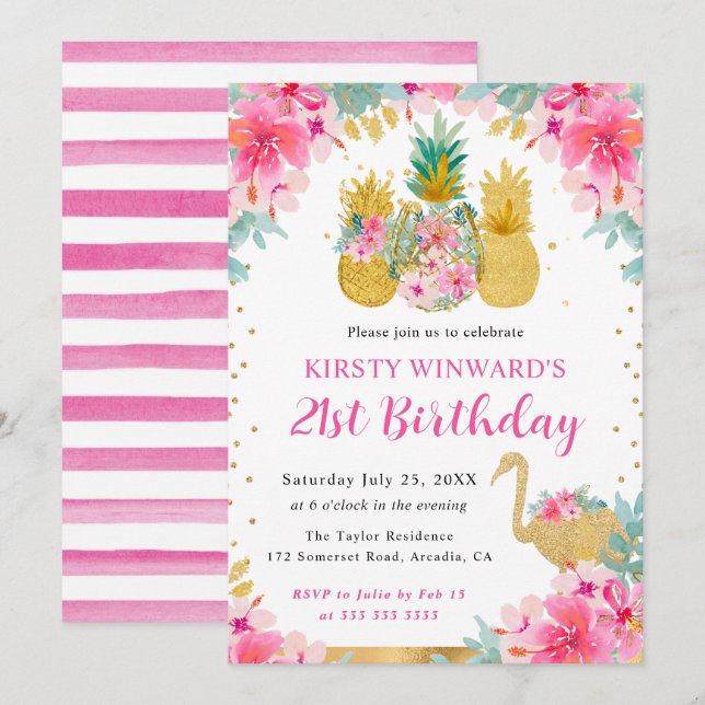 Pink and Gold Pineapples & Flamingo 21st Birthday Invitation (Front/Back)