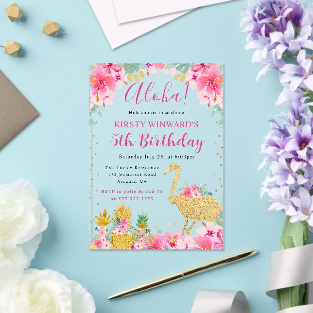 Pink and Gold Pineapples & Flamingo Kids Birthday Acrylic Invitations (Insitu (Wedding))