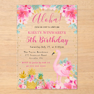 Pink and Gold Pineapples & Flamingo Kids Birthday Acrylic Invitations