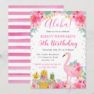Pink and Gold Pineapples & Flamingo Kids Birthday Invitation