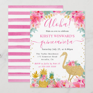 Pink and Gold Pineapples & Flamingo Quinceanera Invitation