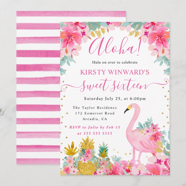 Pink and Gold Pineapples & Flamingo Sweet 16 Invitation (Front/Back)