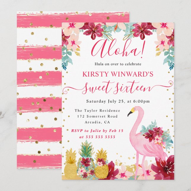 Pink and Gold Pineapples & Flamingo Sweet 16 Invitation (Front/Back)