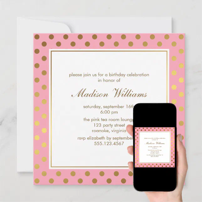 Pink And Gold Polka Dots Birthday Invitation | Zazzle