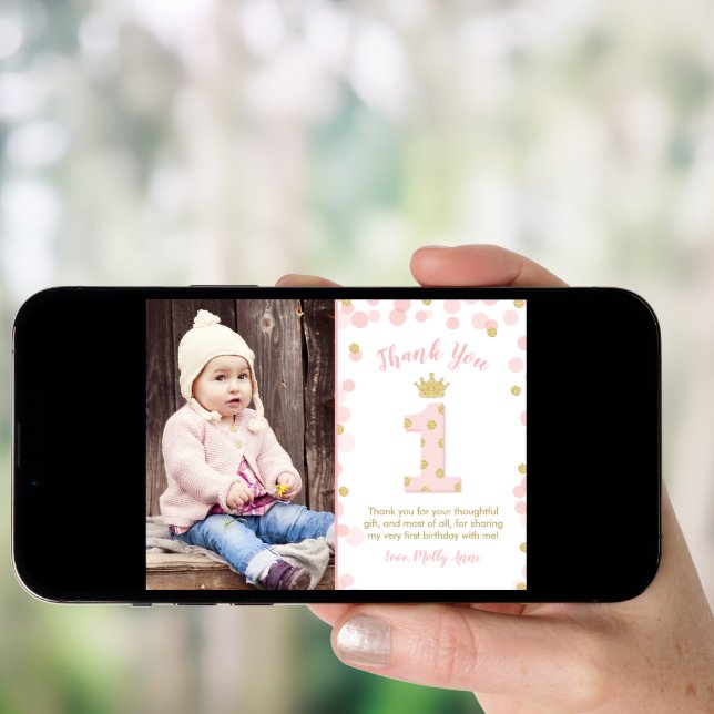 Pink and Gold Princess 1st Birthday Thank You Card (Front Digital)