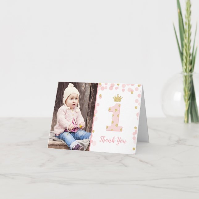 Pink and Gold Princess 1st Birthday Thank You Card (Front)