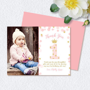Pink and Gold Princess 1st Birthday Thank You Card