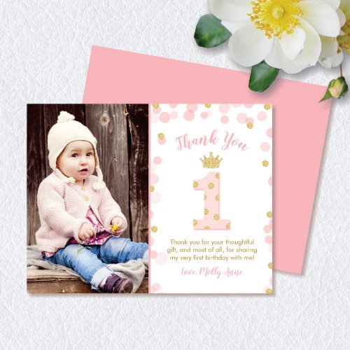 Pink and Gold Princess 1st Birthday Thank You Card