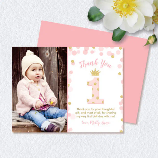 Pink and Gold Princess 1st Birthday Thank You Card | Zazzle
