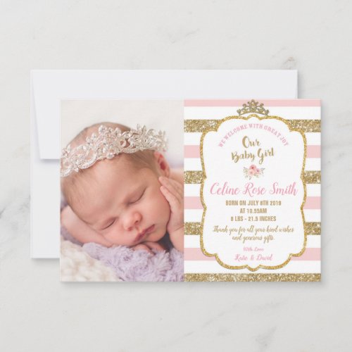 Pink and Gold Princess Baby Girl Birth Announcement