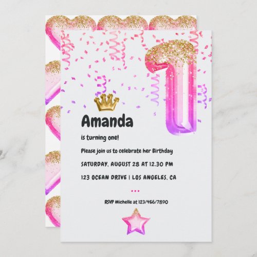 Pink and Gold Princess Balloon 1st Birthday Invitation