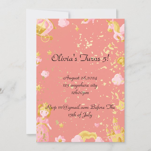 pink and gold princess birthday invitation (Front)