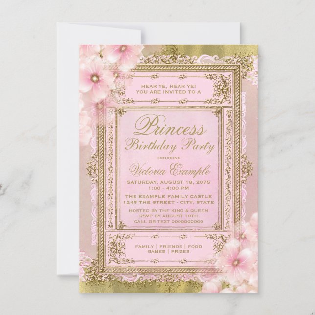 Pink and Gold Princess Birthday Party Invitation (Front)