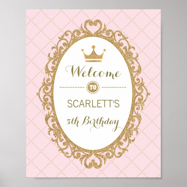 Pink and Gold Princess Birthday Party Welcome Sign (Front)