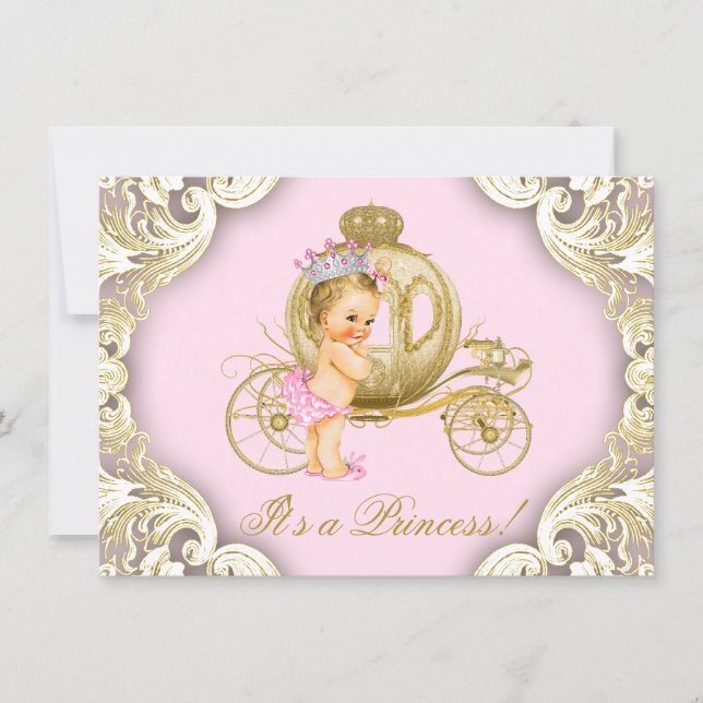 Pink and Gold Princess Carriage Baby Shower Invitation (Front)