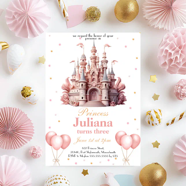 Pink and Gold Princess Castle Birthday Invitation | Zazzle