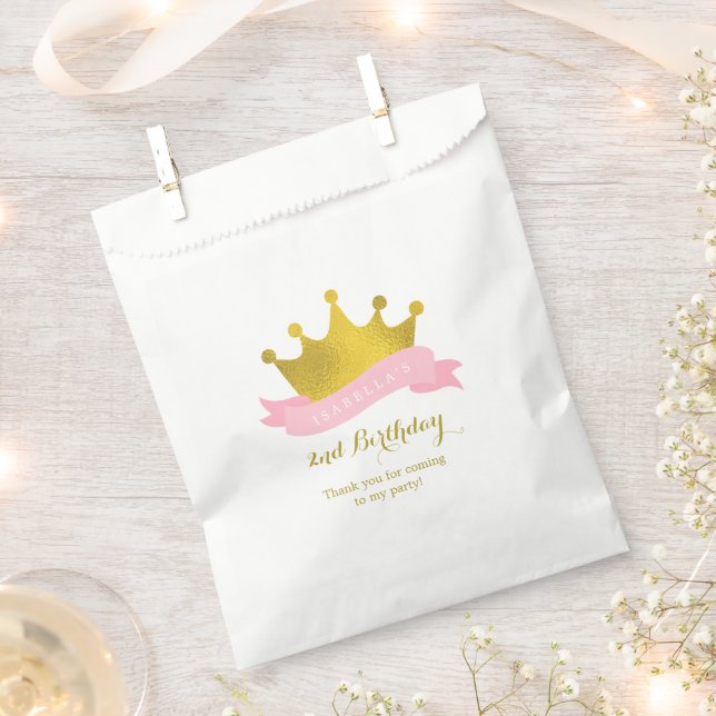 Pink and Gold Princess Crown Birthday Party Favor Bag (Clipped)