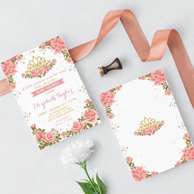 Pink and Gold Princess Crown Floral Baby Shower Invitation (Creator Uploaded)