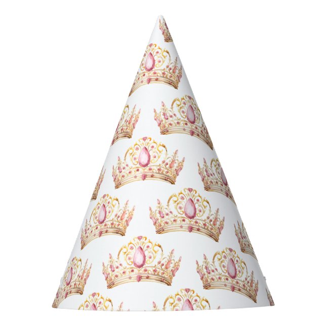 Pink and Gold Princess Crown Girl Birthday Party Hat (Front)
