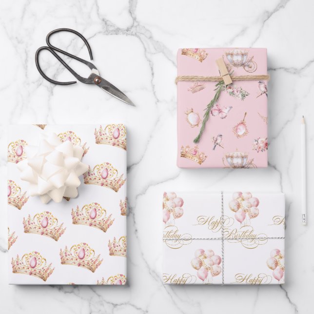 Pink and Gold Princess Crown Girl Birthday Wrapping Paper Sheets (Front)