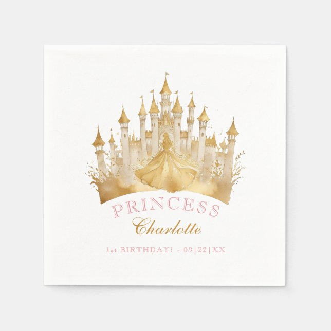 Pink and Gold Princess Crown Party Royal Birthday Napkins (Front)