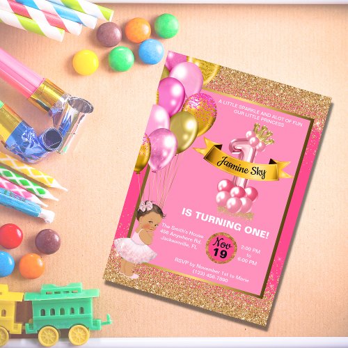 Pink and Gold Princess First Birthday Invitation